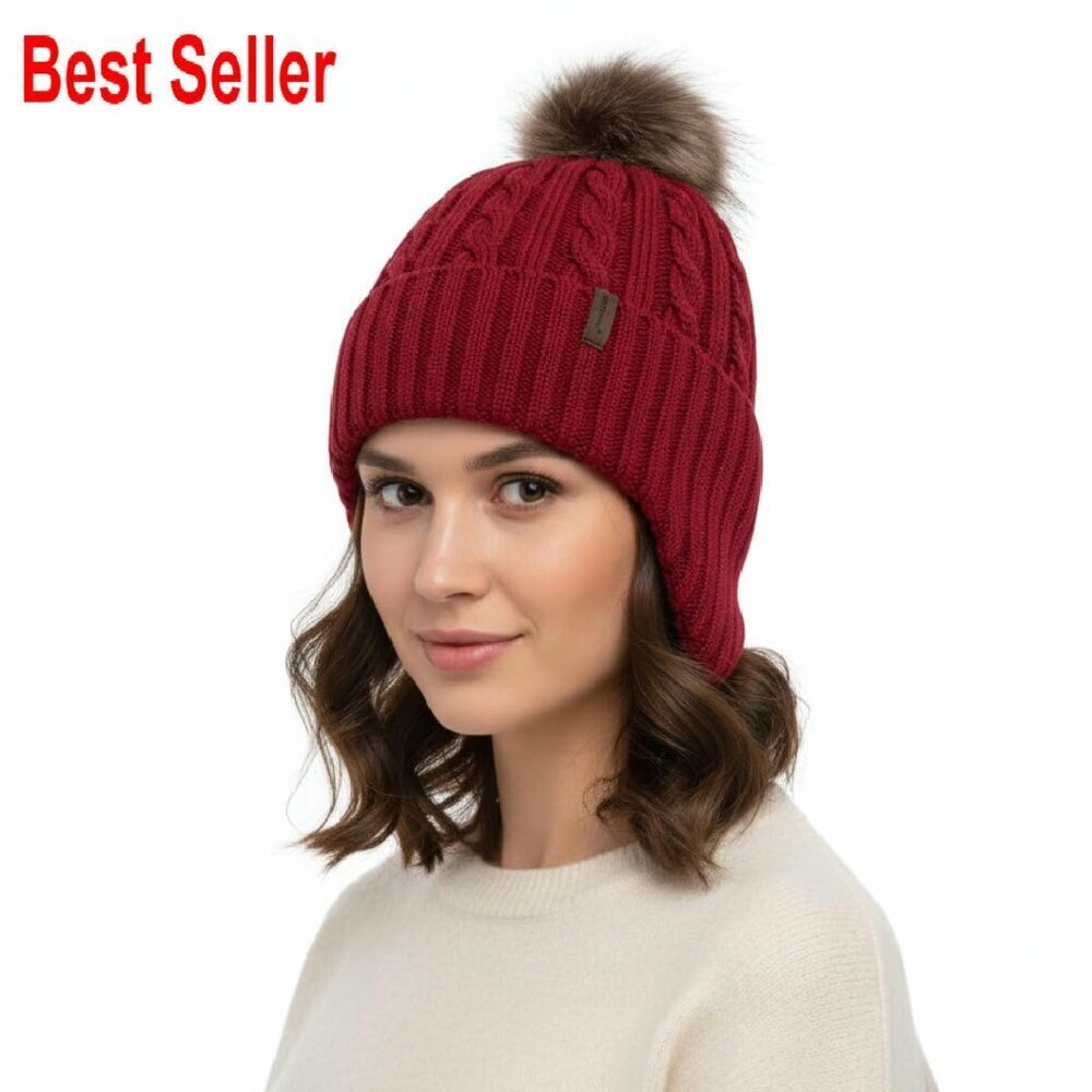 Wool Fleece Lined Ear Flap Beanie Detachable Pompom Classic Chic Winter Warm